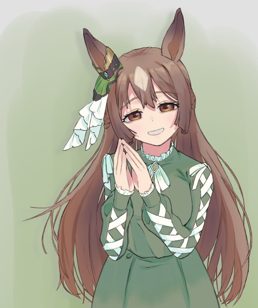 satono diamond (umamusume), umamusume, highres, 1girl, animal ears, arata savage, brown dress, brown eyes, collar, collared dress, dress, ear ornament, frilled collar, frills, grey hair, grin, hands up, horse ears, horse girl, long sleeves, looking at viewer, multicolored hair, neck ribbon, own hands together, parted lips, ribbon, smile, solo, white ribbon