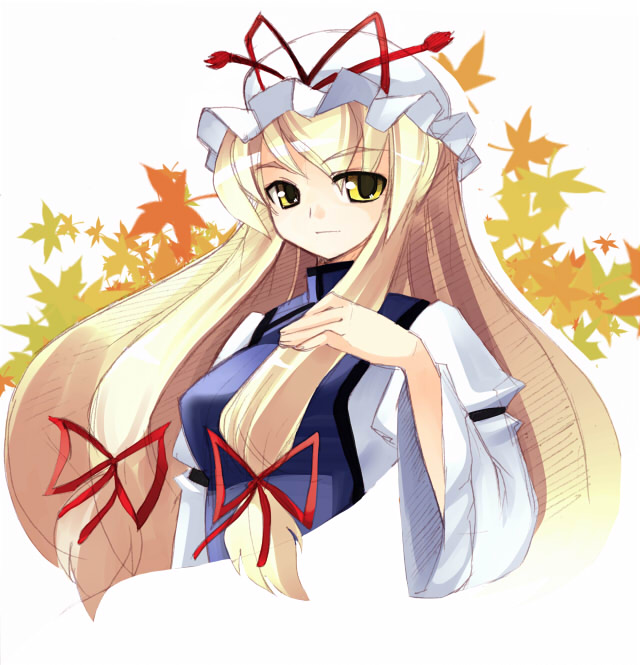 seo tatsuya, yakumo yukari, touhou, 1girl, blonde hair, female focus, hat, leaf, long hair, solo, yellow eyes