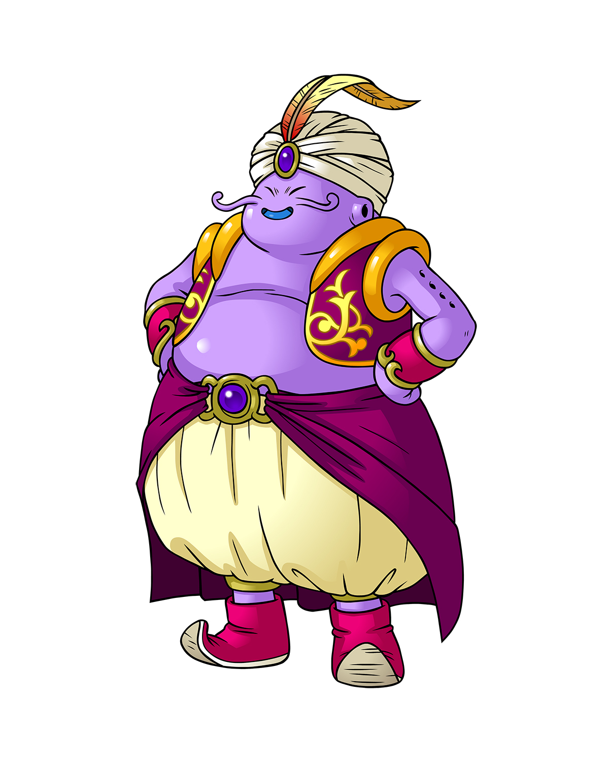 mikidai7, dragon ball, dragon ball online, character request, commentary, english commentary, highres, official art, 1boy, arabian clothes, blue tongue, bracer, closed eyes, colored skin, colored tongue, full body, gem, gold trim, hands on own hips, hat feather, male focus, open mouth, pants, pink shoes, plump, purple gemstone, purple sash, purple skin, purple vest, sash, shoes, smile, solo, vest, whiskers, white background, white turban, yellow pants