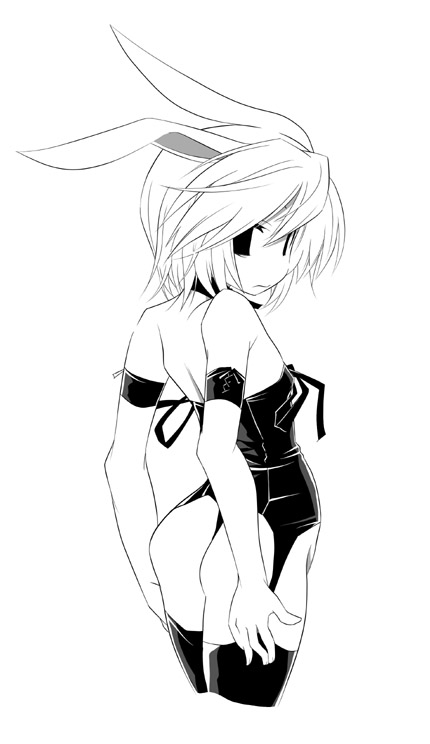 hermmy, oppai kenmin, kagamine rin, vocaloid, 1girl, animal ears, armband, ass, back, choker, female focus, flat chest, greyscale, looking back, monochrome, panties, rabbit ears, short hair, simple background, solo, thighhighs, thong, underwear