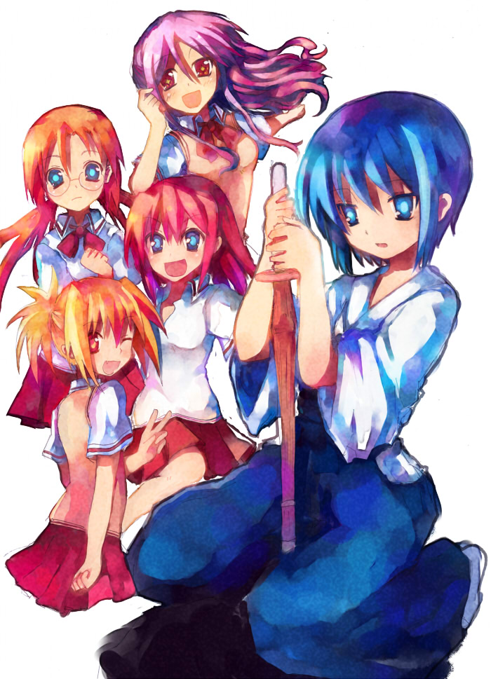 ryuushou, tsuchiya akira, azuma satori, chiba kirino, kawazoe tamaki, kuwahara sayako, miyazaki miyako, bamboo blade, 00s, 5girls, adjusting hair, blonde hair, blue eyes, blue hair, blue hakama, fang, floating hair, glasses, hakama, hakama skirt, japanese clothes, kneeling, long hair, looking at viewer, looking back, multiple girls, one eye closed, red hair, school uniform, shinai, shirt, short hair, short sleeves, simple background, skirt, smile, sword, v, vest, weapon, wooden sword