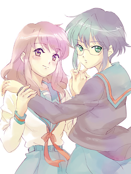 asahina mikuru, nagato yuki, suzumiya haruhi no yuuutsu, 00s, glasses, school uniform, serafuku