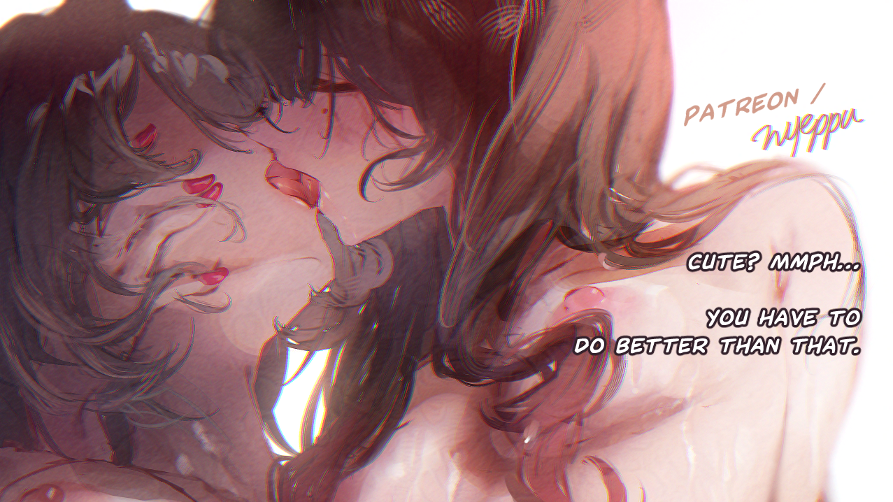 nyeppu, sparkle (honkai: star rail), vita (honkai impact), honkai: star rail, honkai (series), honkai impact 3rd, commentary, cropped, english commentary, 2girls, blush, breasts, brown hair, circle facial mark, closed eyes, english text, facing another, fingernails, french kiss, grey hair, in-franchise crossover, kiss, long hair, mark under eye, medium breasts, multiple girls, nail polish, nipples, red nails, signature, simple background, white background