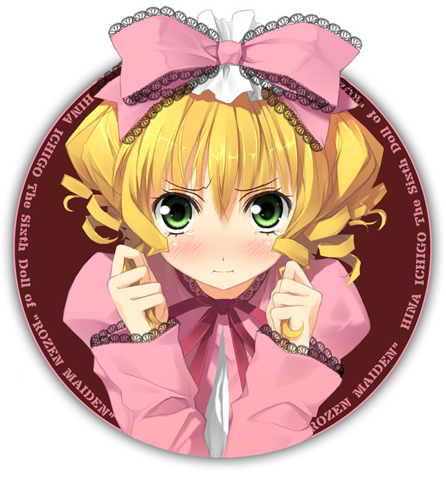 kantoku, hinaichigo, rozen maiden, 00s, 1girl, blonde hair, blush, bow, female focus, pink bow, solo, tears