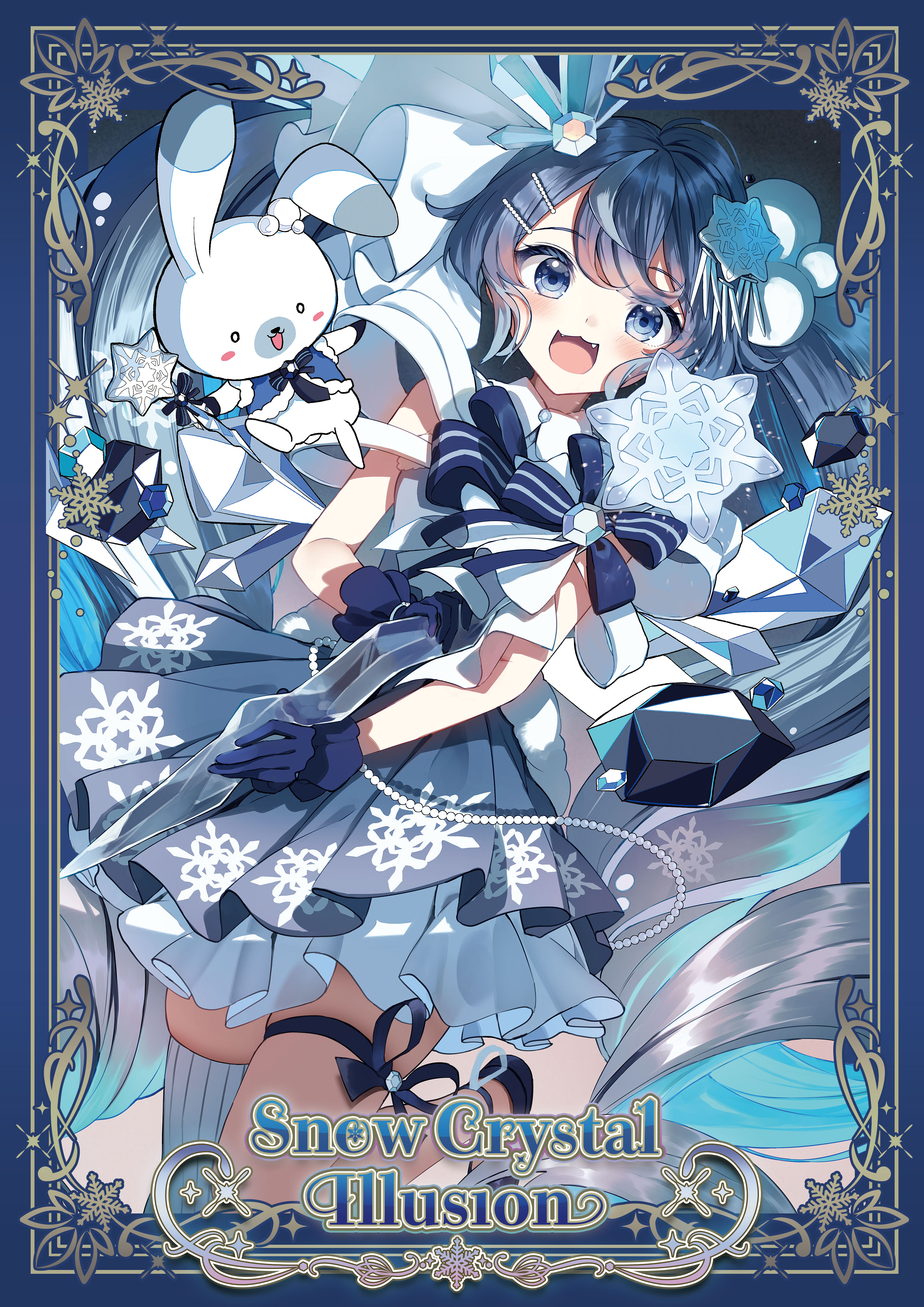 hatsune miku, rabbit yukine, yuki miku, yuki miku (2025), vocaloid, absurdres, highres, 1girl, 1other, blue bow, blue dress, blue eyes, blue gloves, blue hair, blush, bow, cgdh5582, crystal hair ornament, dress, gloves, hair between eyes, hair ornament, holding, holding wand, long hair, looking at viewer, official alternate costume, official alternate hairstyle, open mouth, pleated skirt, rabbit, skirt, sleeveless, sleeveless dress, smile, snowflake hair ornament, snowflake print, twintails, very long hair, wand