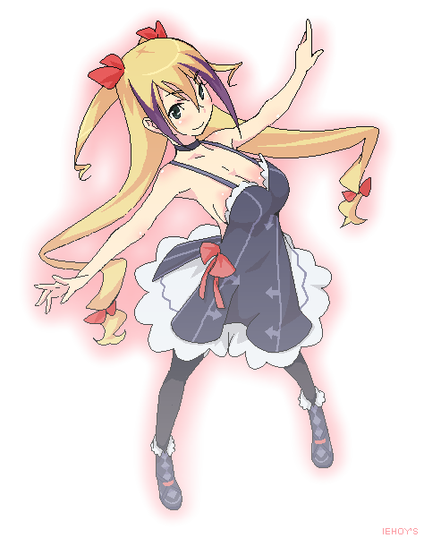 amami amayu, jacqueline baumgold, dragonaut, 00s, 1girl, armpits, blonde hair, bow, breasts, choker, cleavage, dress, female focus, hair bow, large breasts, legs apart, long hair, looking at viewer, multicolored hair, multiple hair bows, no bra, oekaki, pantyhose, solo, twintails, two-tone hair, very long hair