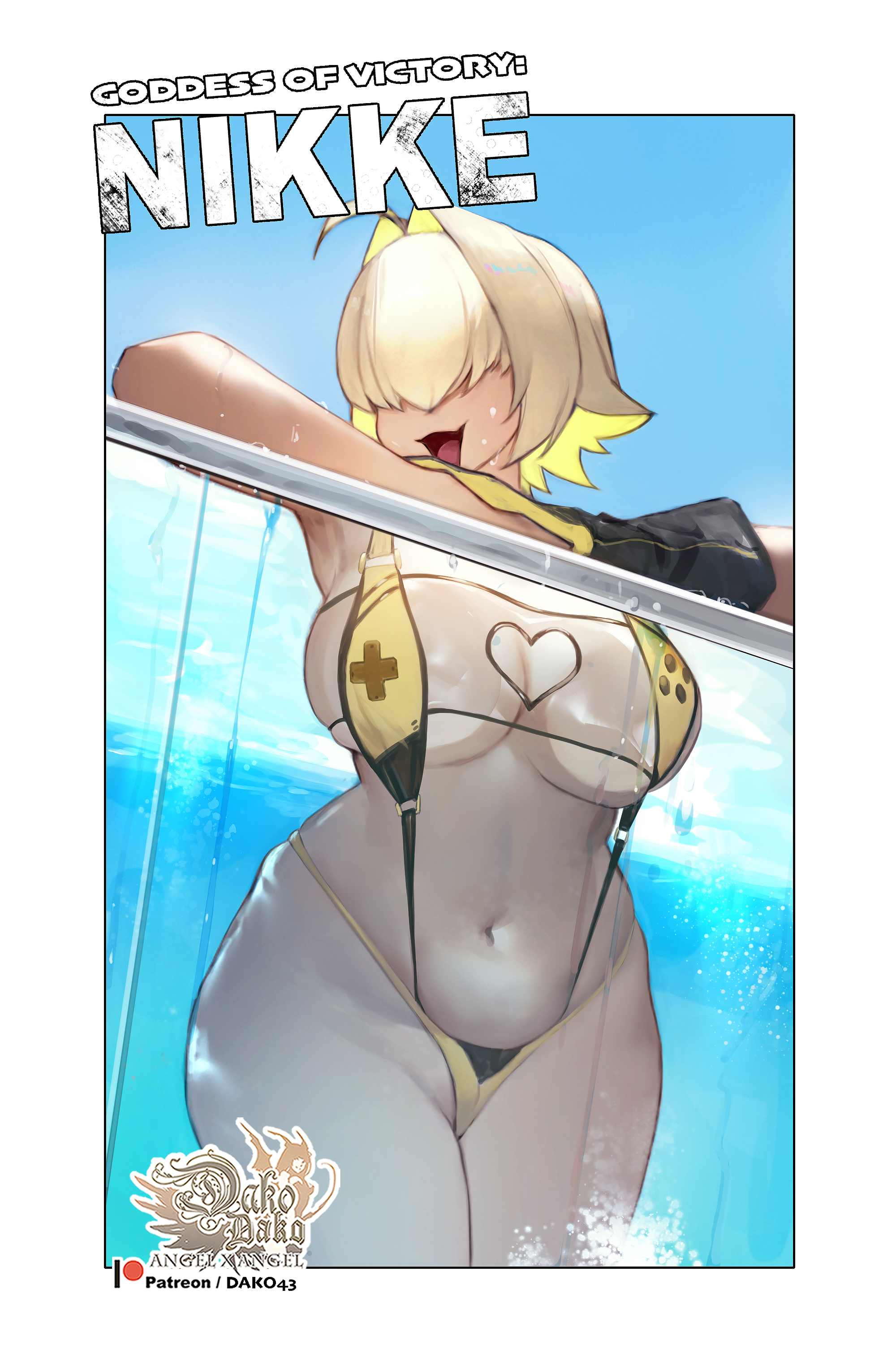 hu dako, elegg (boom and shock) (nikke), elegg (nikke), goddess of victory: nikke, absurdres, commentary, english commentary, highres, 1girl, :d, blonde hair, breast press, breasts, clothing cutout, colored inner hair, copyright name, hair over eyes, heart cutout, large breasts, multicolored hair, navel, official alternate costume, one-piece swimsuit, open mouth, partially submerged, patreon username, pool, smile, solo, swimsuit, thighs, two-tone hair