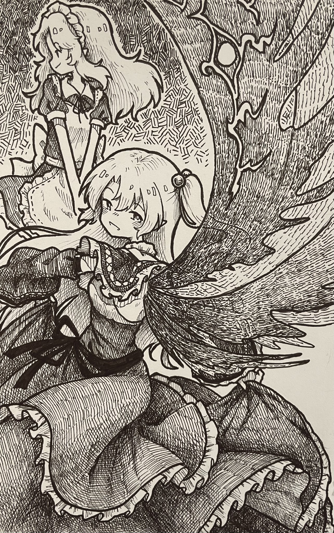 suteruko, shinki (touhou), yumeko (touhou), touhou, touhou (pc-98), highres, traditional media, 2girls, apron, capelet, greyscale, hair bobbles, hair ornament, long hair, long sleeves, looking at viewer, maid, maid apron, maid headdress, monochrome, multiple girls, multiple wings, one side up, open mouth, puffy short sleeves, puffy sleeves, short sleeves, skirt hold, smile, very long hair, wide sleeves, wings