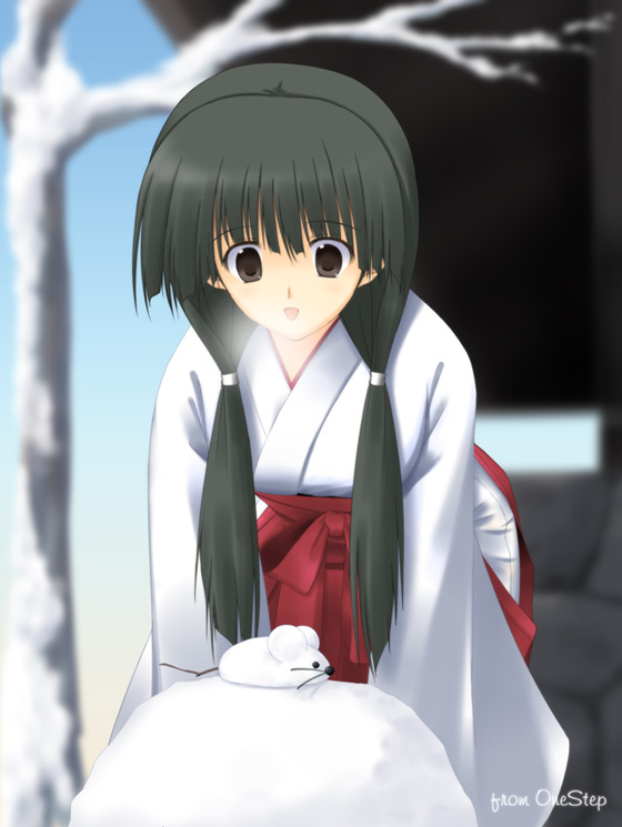 zenzen, zenzen (onestep), original, 1girl, :d, bare tree, black eyes, black hair, blurry, breath, cowboy shot, depth of field, female focus, hair over shoulder, hakama, hakama skirt, japanese clothes, kimono, leaning forward, long hair, long sleeves, looking down, low twintails, miko, mouse (animal), new year, open mouth, red hakama, skirt, smile, snow, snow rabbit, solo, tree, twintails, wide sleeves, winter