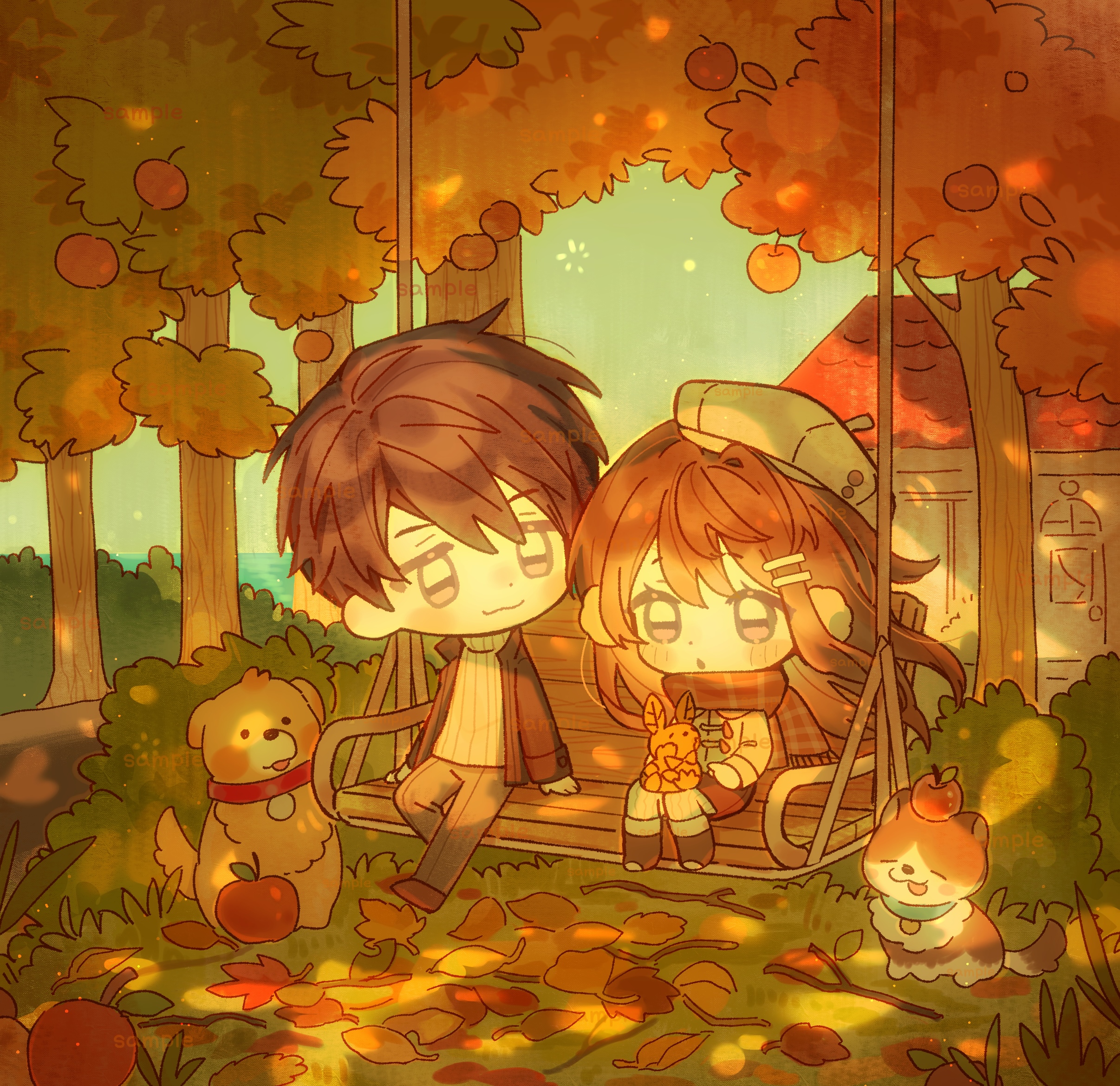 original, highres, 1boy, 1girl, :3, :o, apple, autumn, autumn leaves, bai yang zi, blush, boots, brown boots, brown hair, brown jacket, brown pants, brown shoes, brown skirt, chibi, chibi only, closed mouth, dog, food, fruit, hair ornament, hairclip, jacket, leaf, long hair, long sleeves, open clothes, open jacket, open mouth, outdoors, pants, parallel hairclips, purple eyes, red scarf, ribbed sweater, scarf, shoes, short hair, sitting, skirt, smile, sweater, white sweater