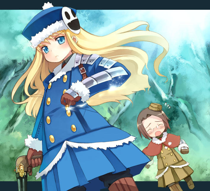 kito (sorahate), gunner (sekaiju), gunner 2 (sekaiju), gunner 4 (sekaiju), jack frost (megami tensei), atlus, etrian odyssey, 2girls, blonde hair, blue eyes, brown hair, glasses, gloves, gun, hat, long hair, multiple girls, short hair, weapon