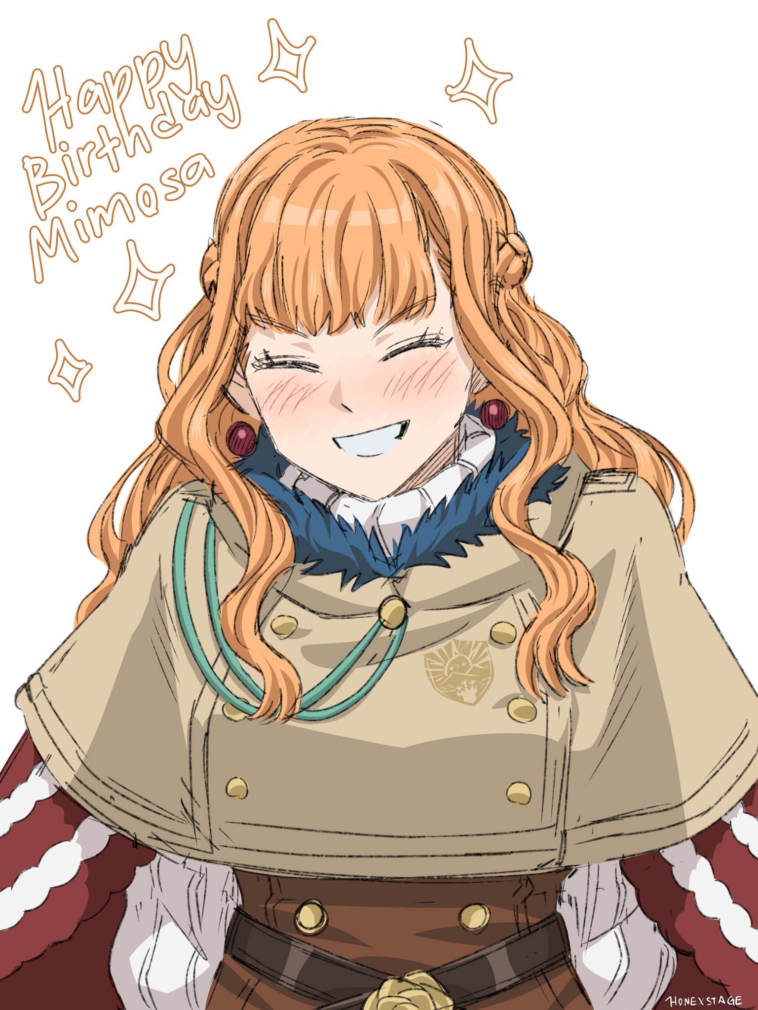 honexstage, mimosa vermillion, black clover, 1girl, closed eyes, earrings, happy birthday, jewelry, long hair, orange hair, smile, solo