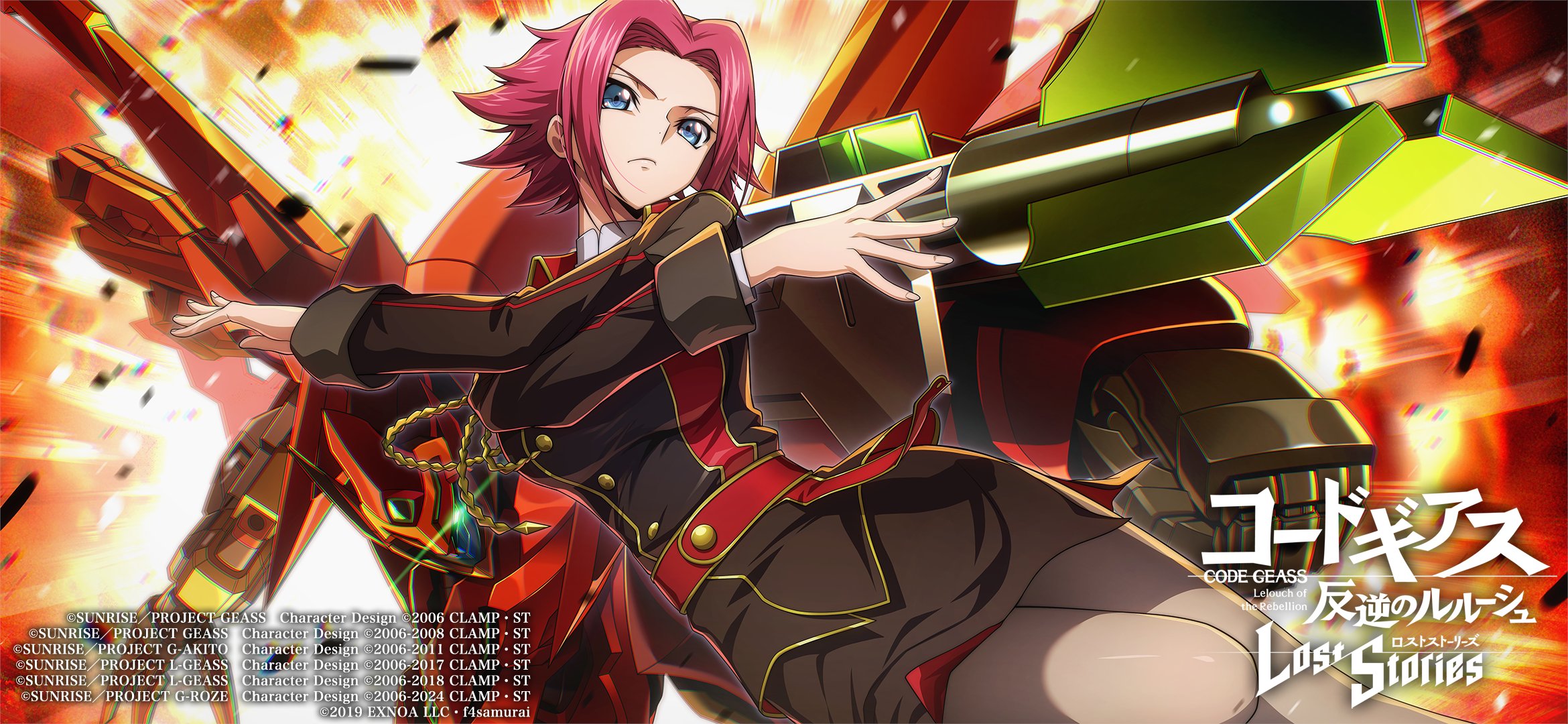 kouzuki kallen, code geass, code geass: lost stories, official art, 1girl, blue eyes, breasts, large breasts, red hair, solo