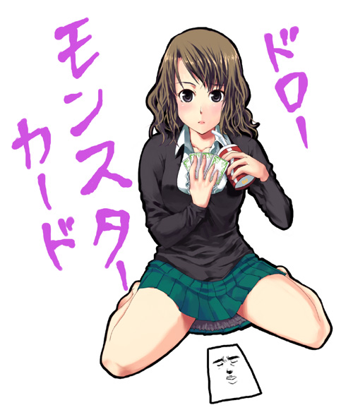 unasaka ryou, original, 1girl, :o, barefoot, black eyes, blush, brown hair, card, collarbone, female focus, looking at viewer, miniskirt, paper, pleated skirt, school uniform, serafuku, sitting, skirt, solo, wariza