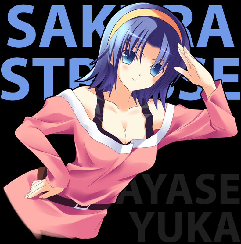 zinno, ayase yuuka, original, sakura strasse, 1girl, bare shoulders, blue eyes, blue hair, breasts, cleavage, dutch angle, female focus, hairband, matching hair/eyes, medium breasts, solo, strap