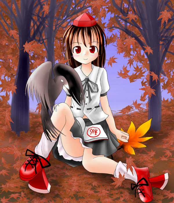 des (namaasi), shameimaru aya, touhou, 1girl, autumn leaves, bird, book, book on lap, day, female focus, full body, geta, hat, leaf, looking at viewer, miniskirt, outdoors, red hat, sitting, skirt, socks, solo, tengu-geta