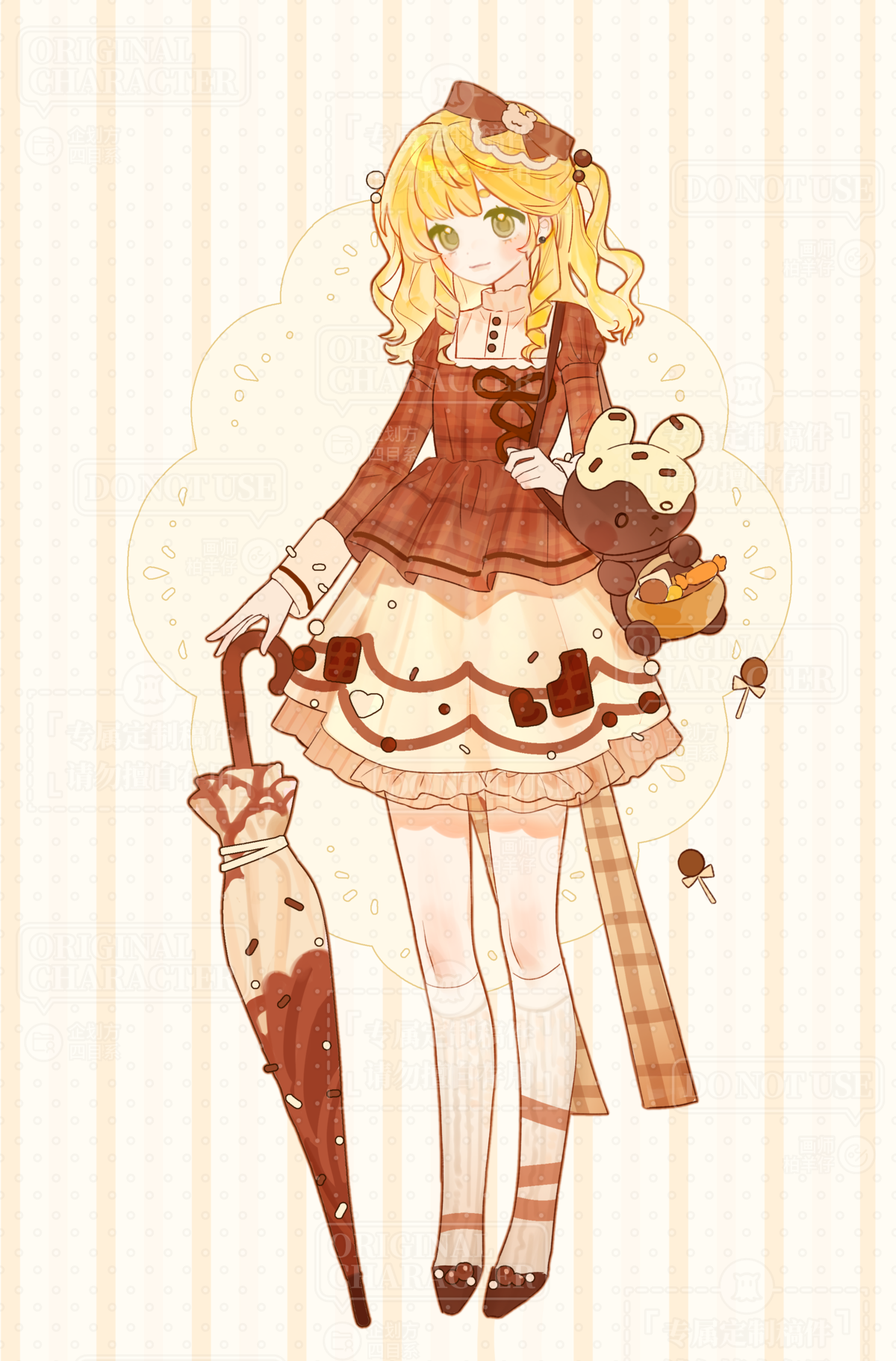 original, highres, 1girl, bai yang zi, blonde hair, blush, brown shirt, brown shoes, brown umbrella, closed mouth, frilled skirt, frills, full body, green eyes, holding, holding umbrella, juliet sleeves, kneehighs, long hair, long sleeves, plaid clothes, plaid shirt, puffy sleeves, shirt, shoes, skirt, smile, socks, solo, standing, striped background, umbrella, white background, white skirt, white socks
