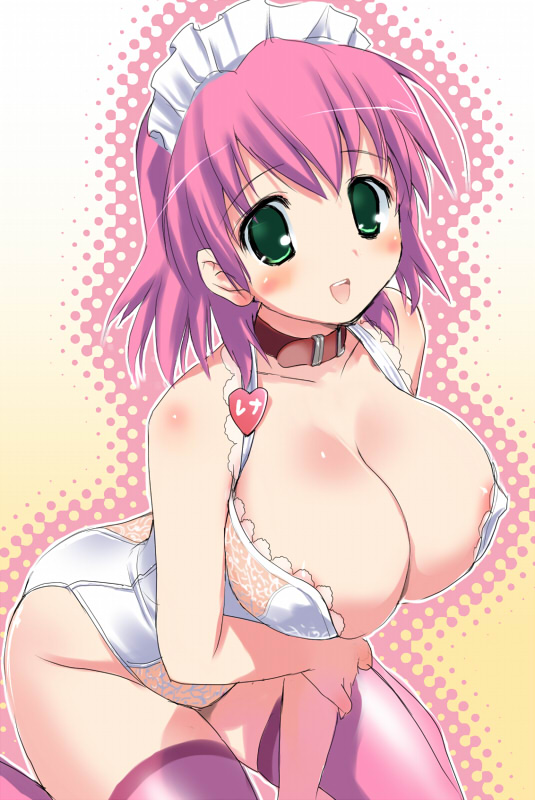 hima, lenna charlotte tycoon, final fantasy, final fantasy v, 1990s (style), 1girl, blush, breasts, collar, female focus, green eyes, huge breasts, kneeling, large breasts, lingerie, looking at viewer, maid, name tag, open mouth, retro artstyle, solo, thighhighs, underwear