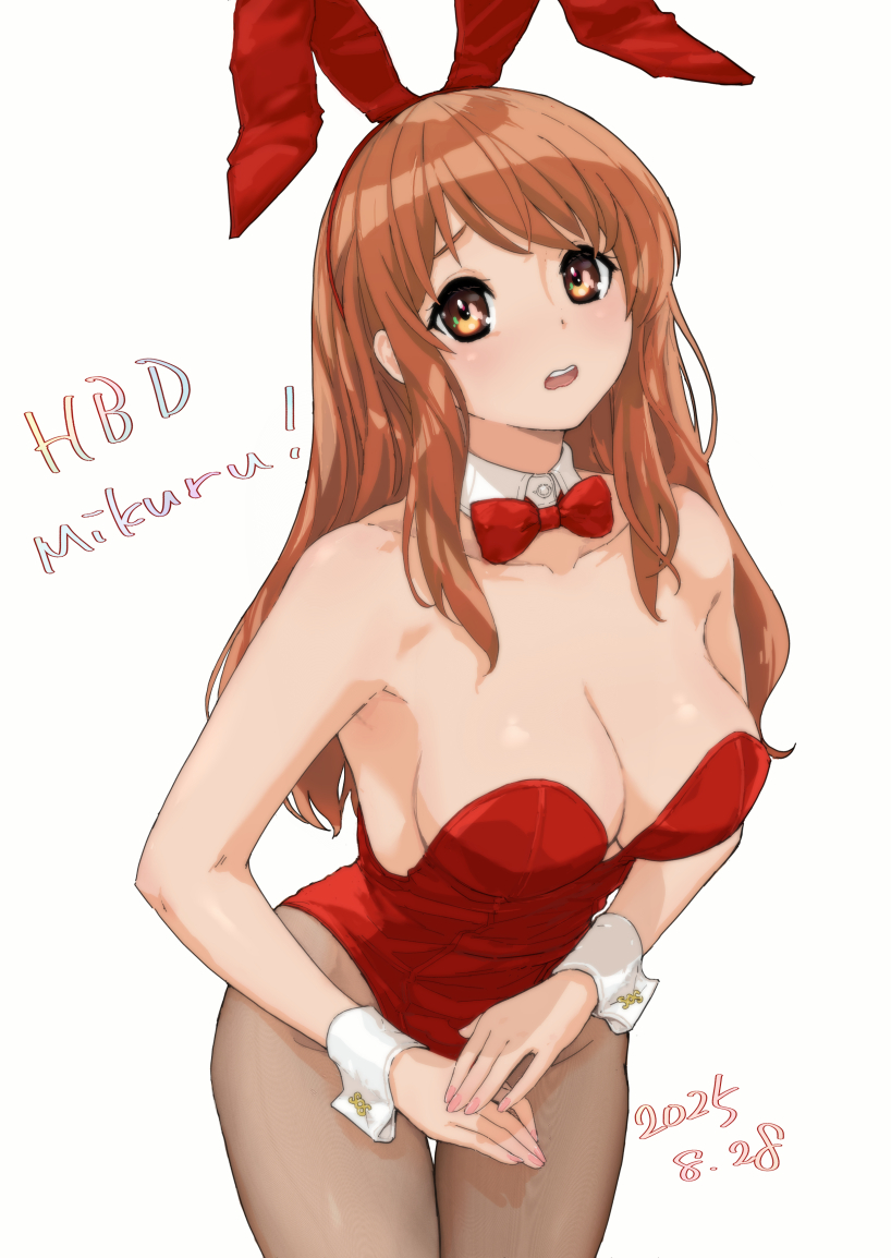 tono51044448, asahina mikuru, suzumiya haruhi no yuuutsu, 1girl, animal ear hairband, animal ears, bow, bowtie, brown eyes, brown hair, brown pantyhose, dated, detached collar, fake animal ears, hairband, happy birthday, leotard, long hair, pantyhose, playboy bunny, rabbit ears, red bow, red bowtie, red leotard, solo, strapless, strapless leotard, twitter username, wrist cuffs
