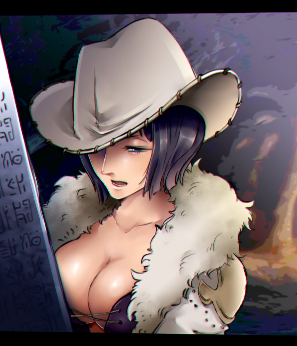 yuri kohi, nico robin, one piece, commentary, highres, 1girl, black hair, breasts, cleavage, coat, cowboy hat, cross-laced clothes, cross-laced top, hat, large breasts, letterboxed, open mouth, poneglyph, short hair, solo, upper body, white coat, white hat