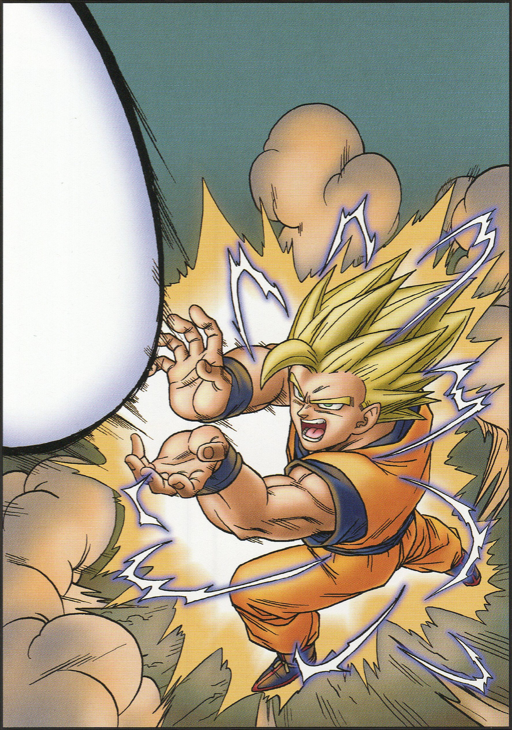nakatsuru katsuyoshi, son goku, dragon ball, dragonball z, absurdres, highres, official art, scan, third-party source, 1boy, aqua background, aura, blonde hair, crackling energy, dougi, dust, dust cloud, energy blast, from above, green eyes, kamehameha (dragon ball), looking up, male focus, motion lines, muscular, muscular male, orange dougi, single bang, solo, super saiyan, super saiyan 2