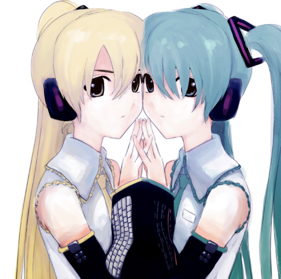 kawamura rukanan, akita neru, hatsune miku, vocaloid, 2girls, aqua eyes, aqua hair, bare shoulders, blonde hair, detached sleeves, hair ornament, headphones, long hair, multiple girls, necktie, side ponytail, symmetry, twintails, yellow eyes