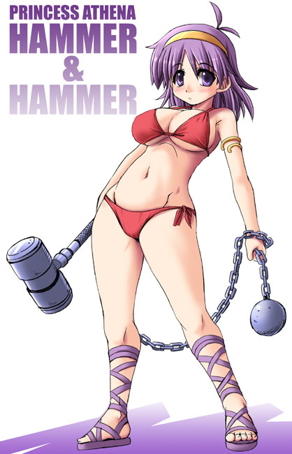 tonpuu, princess athena, athena (series), snk, 1girl, bikini, breasts, female focus, flail, gladiator sandals, hammer, large breasts, red bikini, sandals, side-tie bikini bottom, solo, swimsuit, weapon