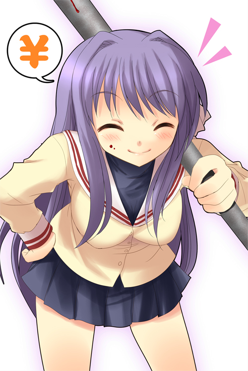 yukizuki chikuba, fujibayashi kyou, clannad, 00s, baseball bat, school uniform, serafuku, solo