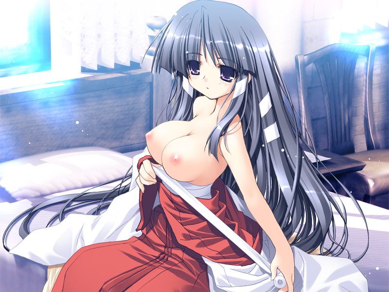 oono tetsuya, kagura (prism ark), prism ark, game cg, 00s, 1girl, blue eyes, blue hair, breasts, female focus, hakama, hakama skirt, japanese clothes, long hair, matching hair/eyes, miko, nipples, red hakama, skirt, solo, topless female