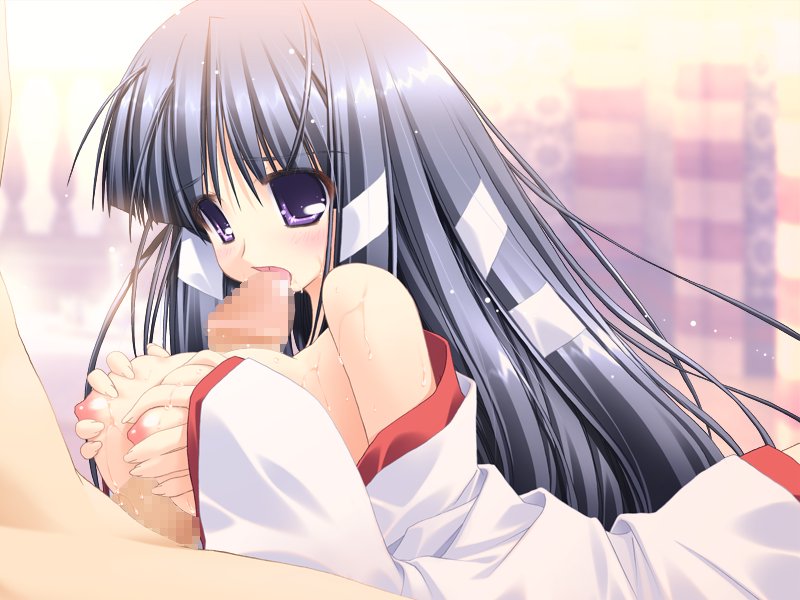 oono tetsuya, kagura (prism ark), prism ark, game cg, 00s, 1girl, blue hair, breasts, censored, fellatio, large breasts, mosaic censoring, open mouth, oral, paizuri, penis, solo focus