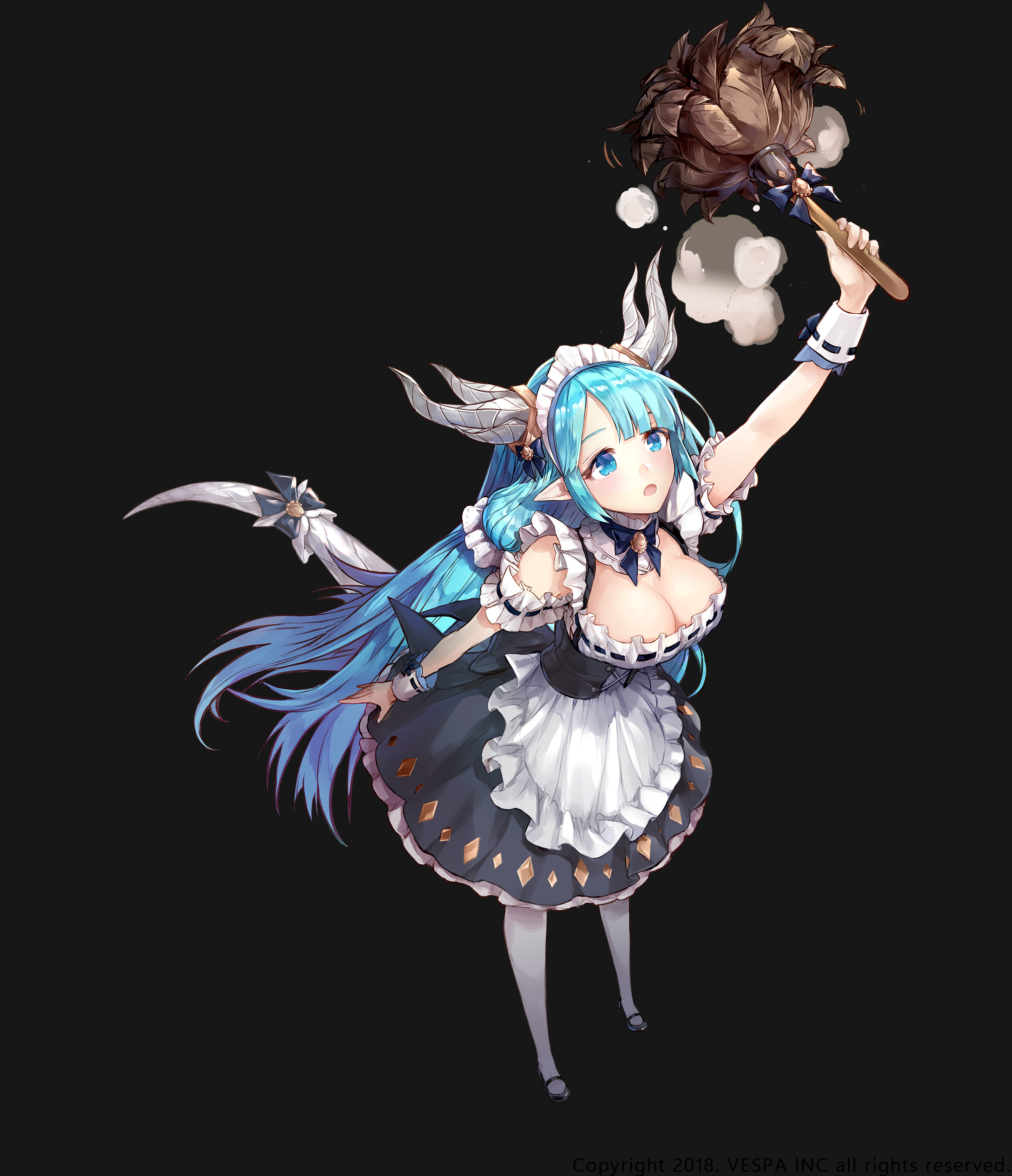 laias (king's raid), king's raid, absurdres, highres, official art, 1girl, apron, back bow, black background, black bow, black dress, black ribbon, black shoes, blue eyes, blue hair, bow, breasts, cleavage, detached collar, dragon girl, dragon horns, dragon tail, dress, duster, feather duster, frilled apron, frills, full body, hair ornament, hair scrunchie, horn ornament, horns, ji yu lee, large breasts, long hair, maid, maid headdress, mary janes, official alternate costume, petticoat, pointy ears, ribbon, scrunchie, shoes, solo, tail, tail garter, thighhighs, twintails, very long hair, waist apron, white apron, white horns, white tail, white thighhighs, white wrist cuffs, wrist cuffs