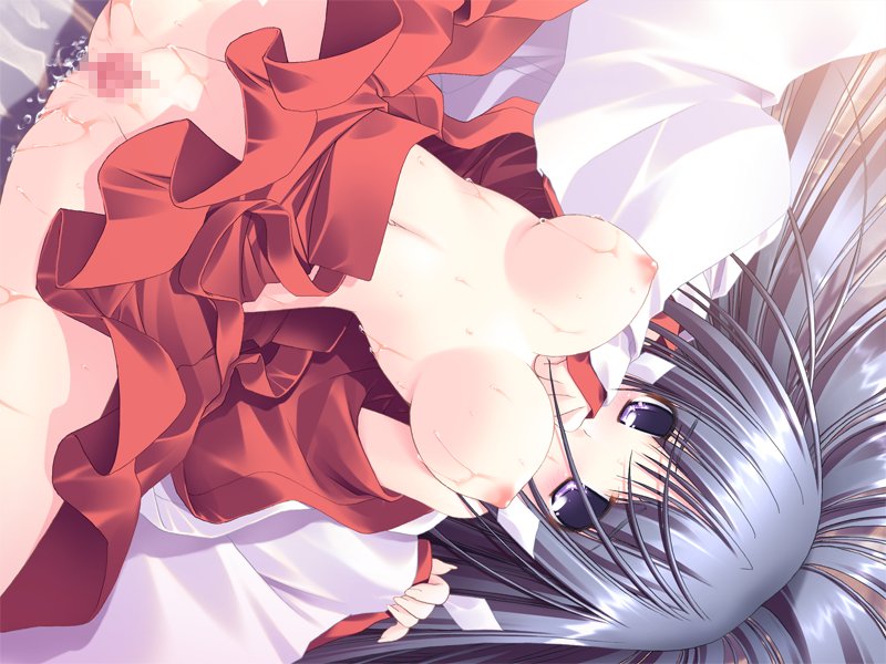oono tetsuya, kagura (prism ark), prism ark, game cg, 00s, 1girl, blue hair, breasts, censored, clothes lift, dutch angle, female focus, large breasts, mosaic censoring, pussy, pussy juice, skirt, skirt lift, solo