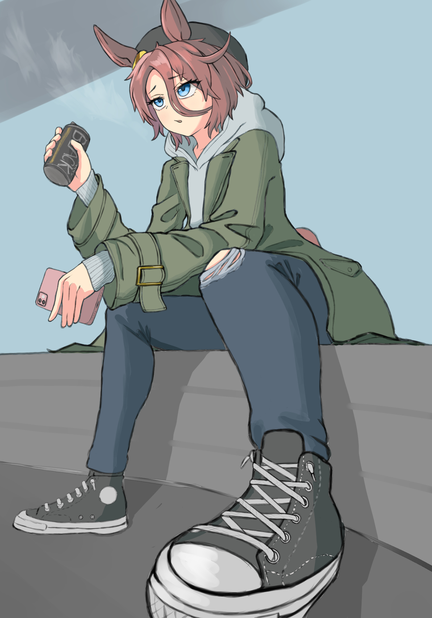 narita taishin (umamusume), umamusume, highres, 1girl, arata savage, beret, black hat, black shoes, blue eyes, blue pants, brown coat, brown hair, can, canned coffee, cellphone, coat, drink can, furrowed brow, grey hoodie, hair between eyes, hat, holding, holding can, holding phone, hood, hood down, hoodie, long sleeves, open clothes, open coat, pants, parted lips, phone, shoes, short hair, sitting, smartphone, solo, torn clothes, torn pants