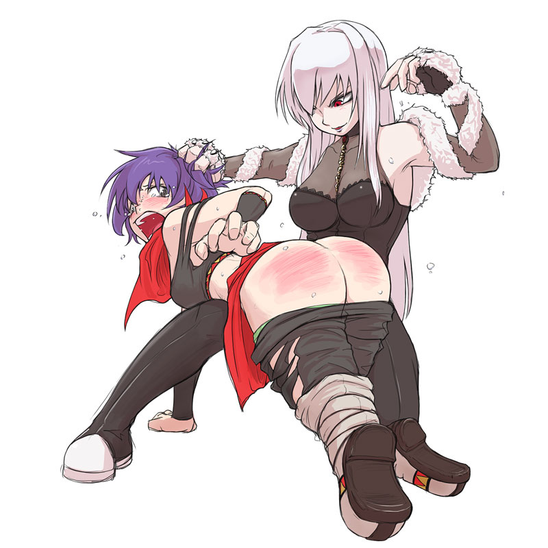 papa (shimeguru), freia kagami, kobayakawa shiho, wrestle angels, wrestle angels survivor, 2girls, albino, armpits, ass, butt crack, clothes pull, crying, female focus, grabbing another's hair, grey eyes, grin, hand on another's head, head grab, holding another's hair, long hair, multiple girls, open mouth, pants, pants pull, purple hair, red eyes, short hair, smile, spanked, spanking, white background, white hair