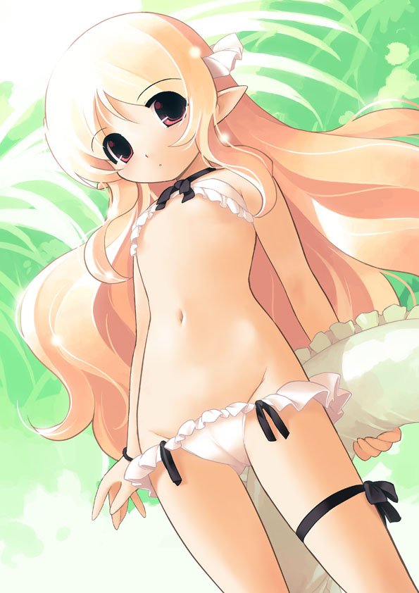 jiji (aardvark), original, bad id, bad pixiv id, duplicate, 1girl, bikini, blonde hair, cowboy shot, expressionless, female focus, flat chest, green background, hair ribbon, holding, innertube, leg ribbon, loli, long hair, lowleg, lowleg bikini, navel, panties, pointy ears, red eyes, ribbon, solo, swim ring, swimsuit, thigh ribbon, underwear, white bikini