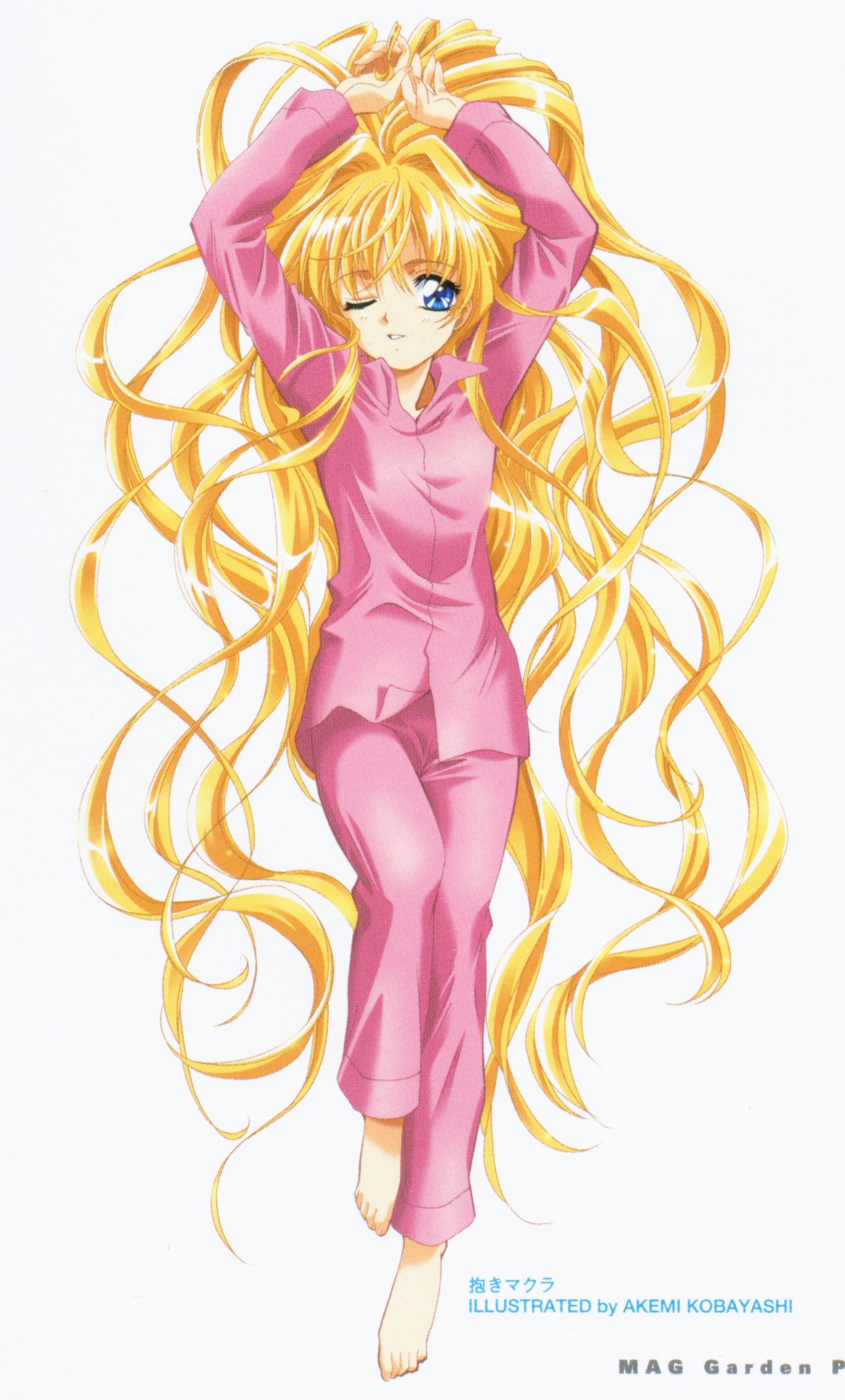 kobayashi akemi, kamio misuzu, air (visual novel), absurdres, highres, official art, 00s, 1girl, absurdly long hair, barefoot, blonde hair, blue eyes, feet, female focus, full body, long hair, one eye closed, plantar flexion, solo, stretching, very long hair