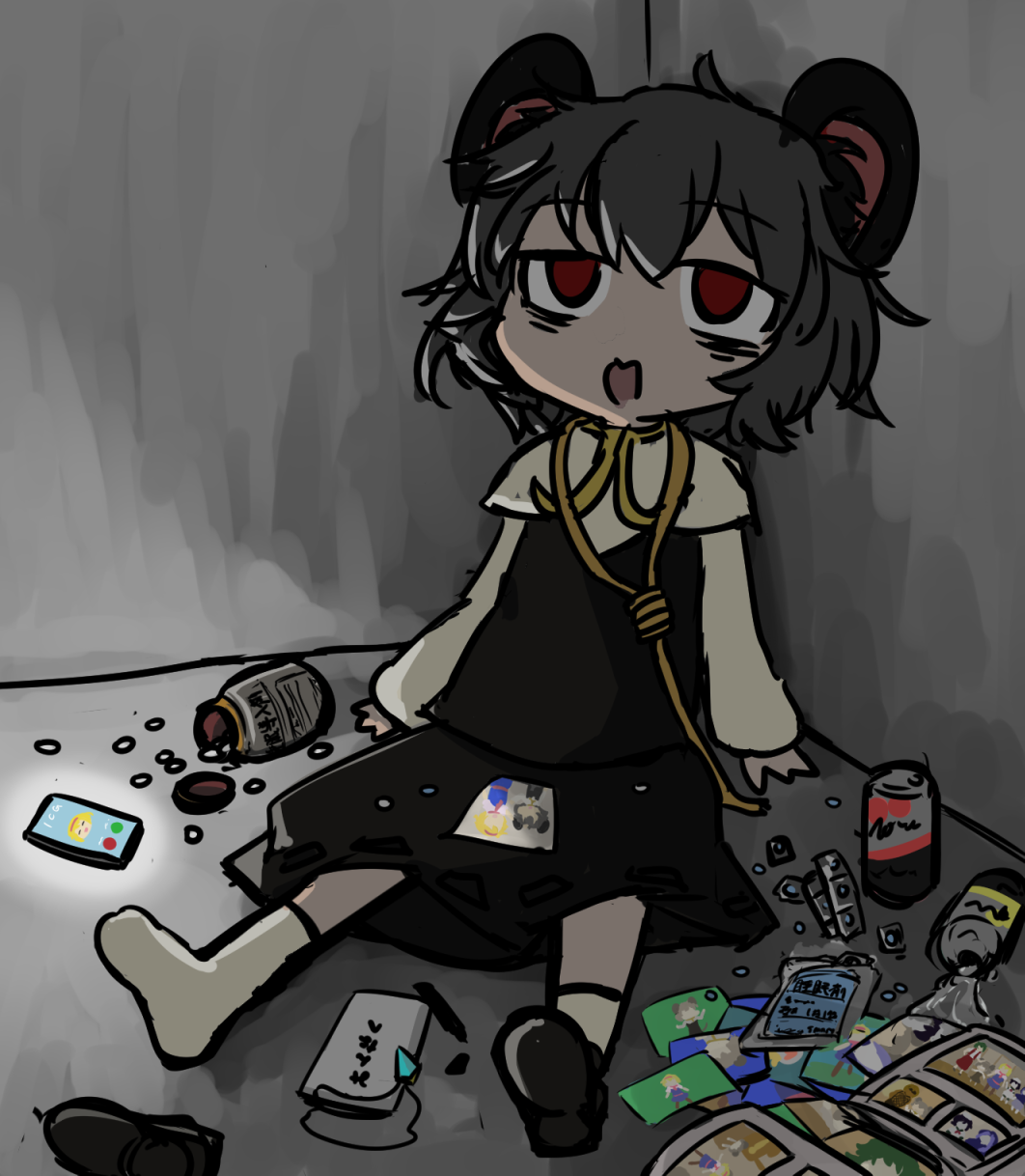 tenten (nicoseiga18696142), ichigo (cookie), nyon (cookie), cookie (touhou), highres, 1girl, against wall, animal ear fluff, animal ears, beer can, blank eyes, can, capelet, drink can, full body, grey hair, grey skirt, grey vest, hair between eyes, long sleeves, medium hair, mouse ears, mouse girl, noose, on floor, open mouth, photo (object), pill, red eyes, shirt, shoe soles, shoes, single shoe, sitting, skirt, socks, solo, vest, white capelet, white shirt, white socks
