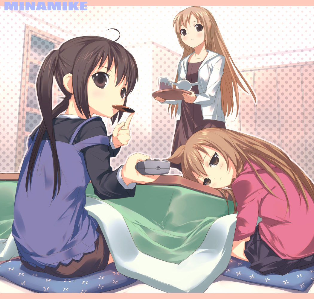uni (plastic girl), minami chiaki, minami haruka, minami kana, minami-ke, 00s, 3girls, ahoge, brown eyes, brown hair, controller, cup, eating, food, indoors, kotatsu, long hair, multiple girls, plastic girl, remote control, senbei, sitting, table, twintails, yunomi
