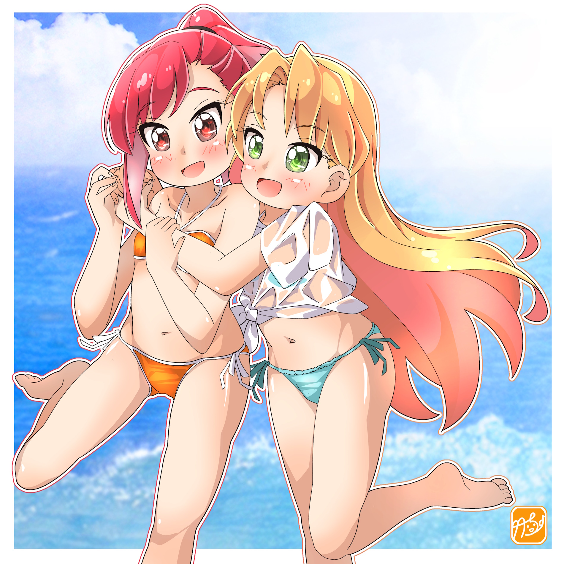 takecho, seto shouko, tanigawa ruri, ruri no houseki, commentary request, highres, 2girls, aqua bikini, bikini, blonde hair, blue sky, cloud, feet out of frame, green eyes, long hair, multiple girls, navel, orange bikini, ponytail, red eyes, red hair, see-through clothes, shirt, side-tie bikini bottom, sky, swimsuit, wet, wet clothes, wet shirt, white shirt