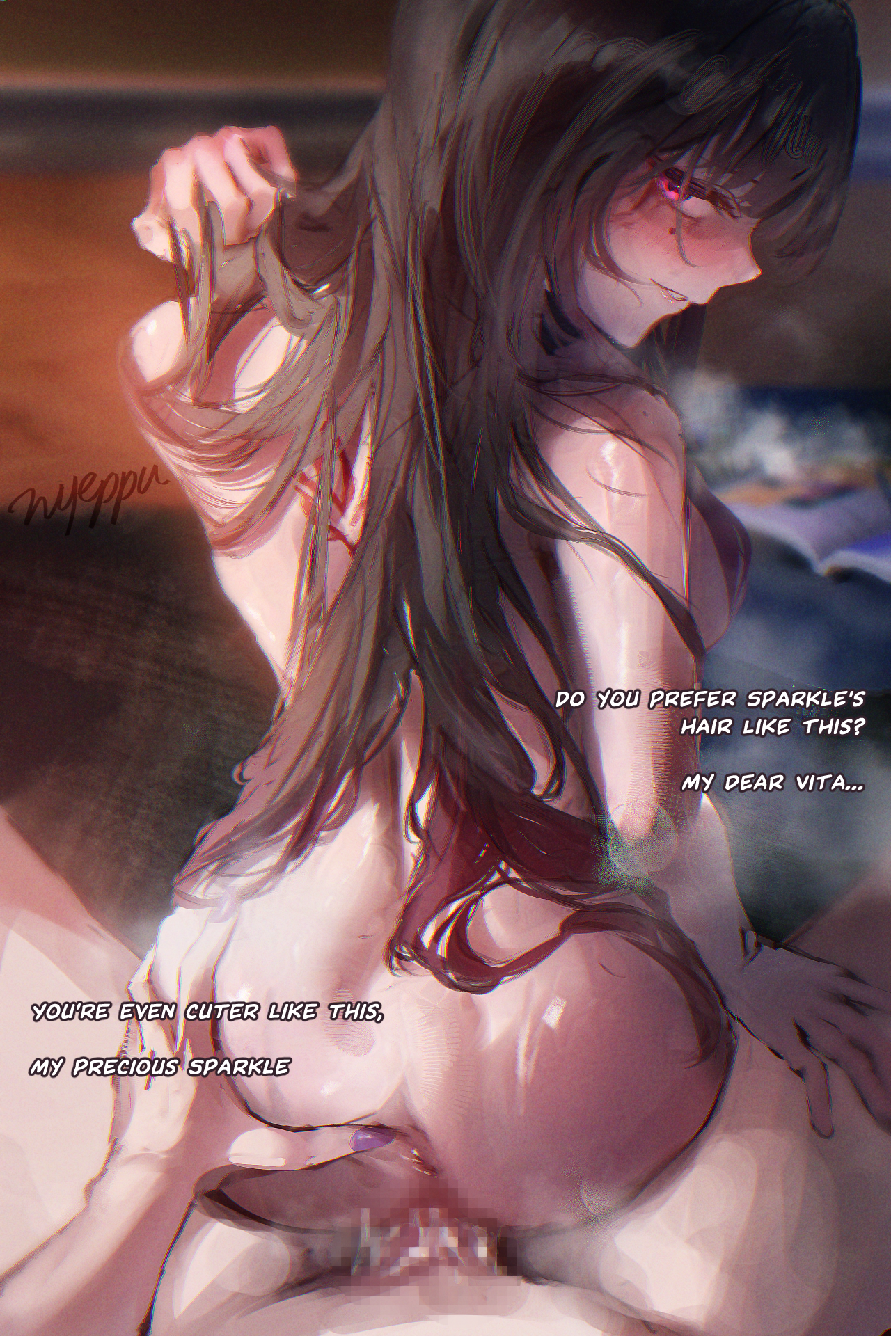 nyeppu, vita (honkai impact), honkai: star rail, honkai (series), honkai impact 3rd, commentary, english commentary, highres, paid reward available, 2girls, anus, ass, back, back tattoo, blush, book, breasts, breath, brown hair, censored, circle facial mark, completely nude, english text, fingernails, from behind, futa with female, futanari, futanari pov, grabbing another's ass, gradient hair, groping, hair down, hand up, holding, holding own hair, in-franchise crossover, indoors, long hair, looking at viewer, looking back, mark under eye, median furrow, medium breasts, mosaic censoring, multicolored hair, multiple girls, nail polish, nude, parted lips, penis, pink eyes, pov, purple nails, pussy, reverse upright straddle, sex from behind, signature, steaming body, tattoo, vaginal, very long hair