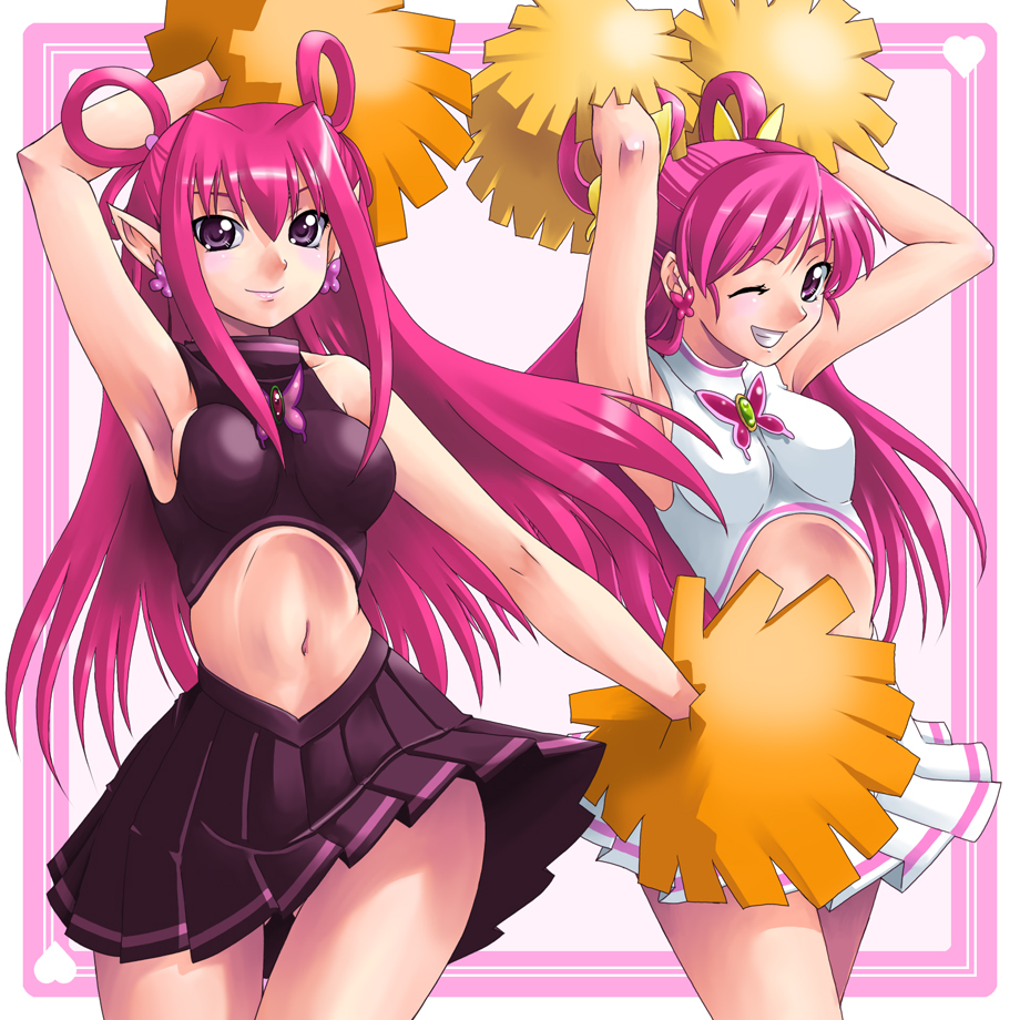 yaso shigeru, cure dream, dark dream, yumehara nozomi, precure, yes! precure 5, 00s, 2girls, breasts, cheerleader, dark cure (yes! precure 5), earrings, grin, jewelry, large breasts, long hair, magical girl, midriff, multiple girls, pointy ears, skirt, smile, standing, wink