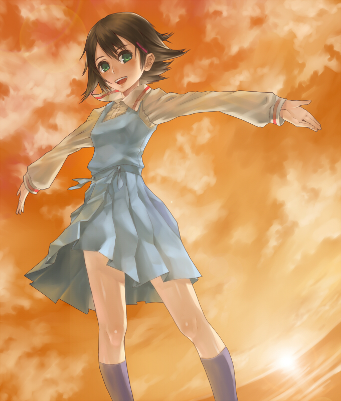 nidy, isurugi noe, true tears, uniform, 00s, 1girl, arms up, brown hair, female focus, green eyes, hair ornament, open mouth, short hair, skirt, sky, smile, solo