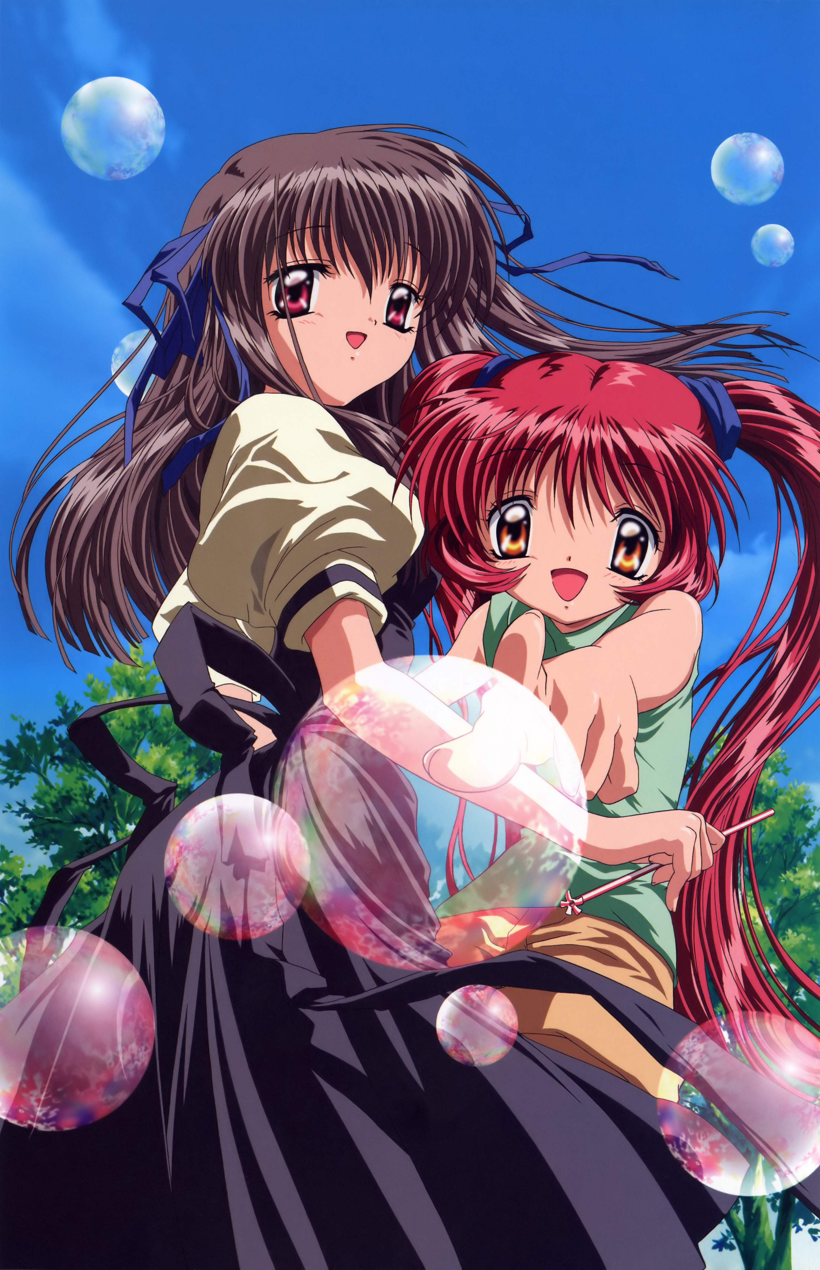 michiru (air), toono minagi, air (visual novel), absurdres, highres, 00s, bubble, red hair, school uniform, serafuku, twintails