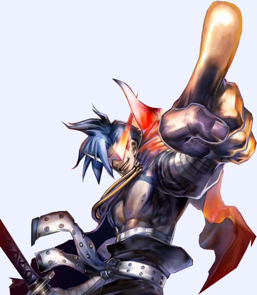 kamina (ttgl), tengen toppa gurren lagann, 00s, 1boy, bandages, belt, blue hair, bodypaint, cape, foreshortening, glasses, kamina shades, male focus, manly, muscular, pointing, sarashi, smile, solo, sword, tattoo, topless male, triangular eyewear, weapon