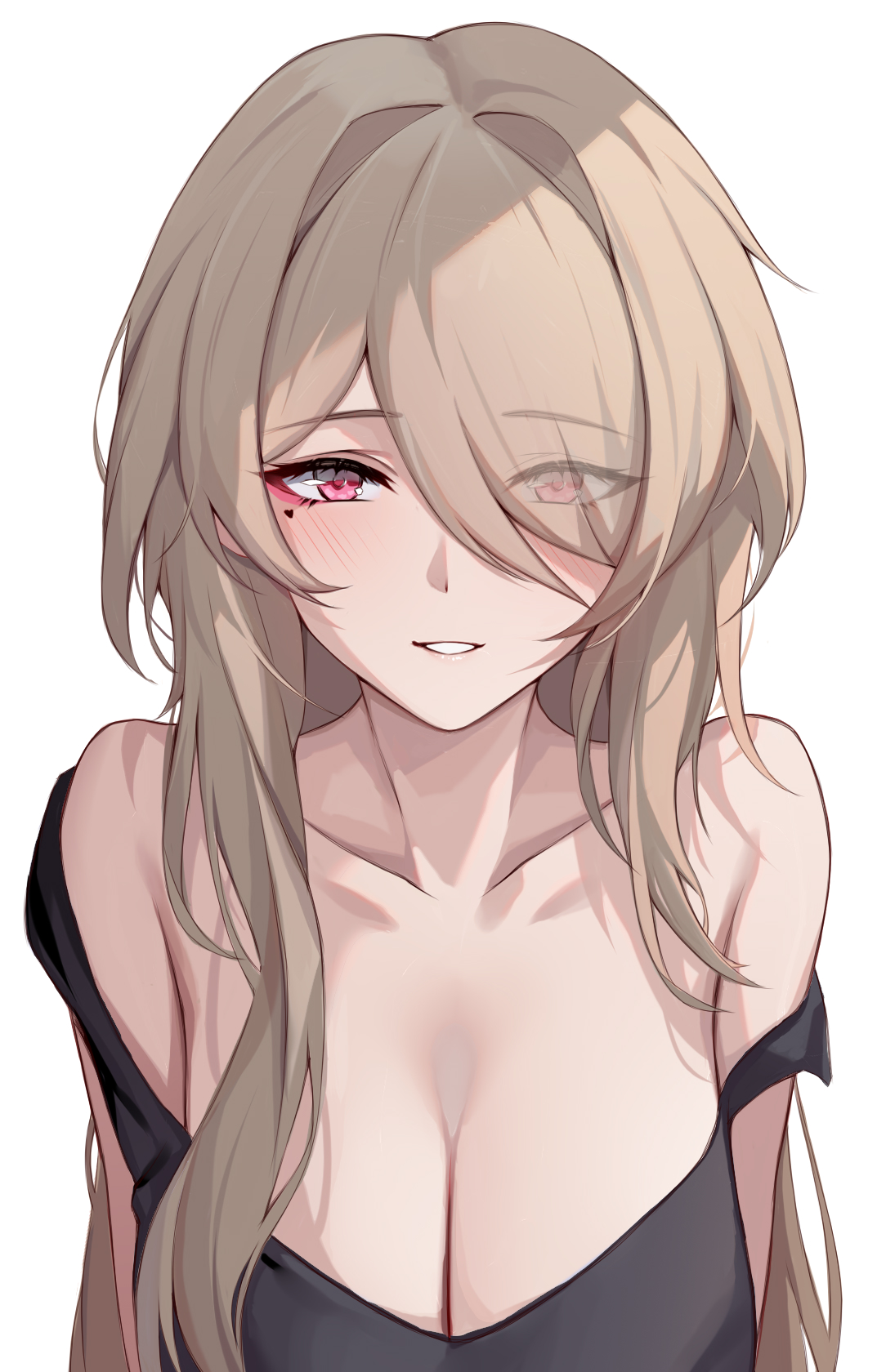 ruo zhishi chu jian, rita rossweisse, honkai (series), honkai impact 3rd, commentary request, highres, 1girl, bare shoulders, black shirt, black tank top, blush, breasts, brown hair, cleavage, collarbone, eyes visible through hair, hair over one eye, heart, large breasts, long bangs, long hair, looking at viewer, mole, mole under eye, official alternate hair length, official alternate hairstyle, parted lips, purple eyes, shirt, simple background, smile, solo, strap slip, tank top, teeth, upper body, white background