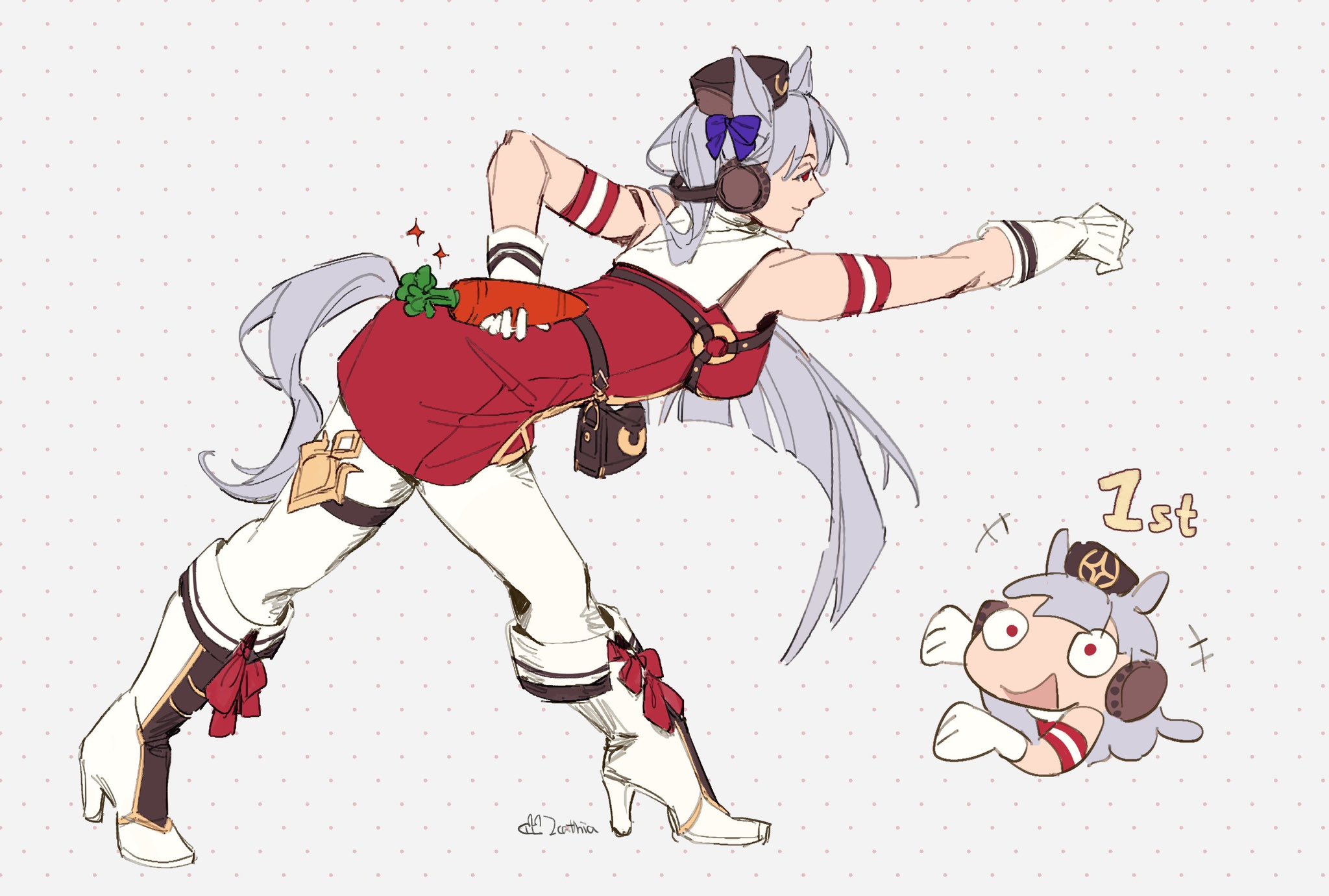 gold ship (umamusume), umamusume, highres, 1girl, animal ears, armband, blunt bangs, boots, bow, breasts, brown hat, carrot, closed mouth, dress, ear bow, ear ribbon, gloves, grey hair, hat, holding, holding carrot, horse ears, horse girl, horse tail, large breasts, long hair, open mouth, pantyhose, pillbox hat, purple bow, red armband, red bow, red dress, red eyes, simple background, sirius ica, sleeveless, sleeveless dress, smile, striped armband, striped clothes, tail, white boots, white gloves, white pantyhose