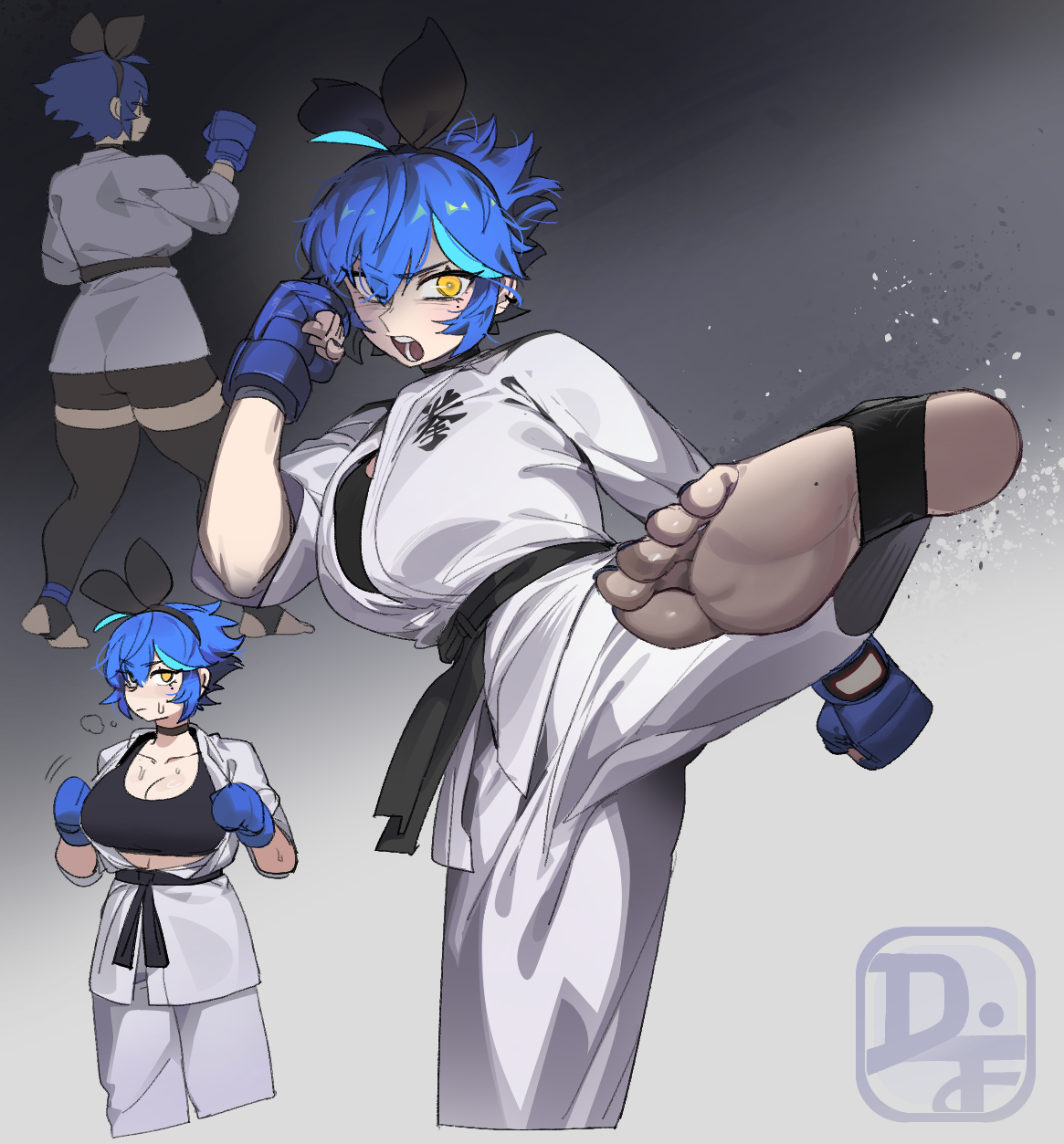 difman, dif (difman), original, commentary, english commentary, highres, 1girl, aqua hair, belt, black background, black belt, black bra, black ribbon, blue hair, blue nails, bra, breasts, cleavage, clenched hands, collarbone, cowboy shot, dougi, feet, fighting stance, fingerless gloves, foot focus, gauntlets, gloves, gradient background, grey background, hair ribbon, high kick, huge breasts, karate gi, kicking, large breasts, looking at viewer, medium hair, mma gloves, mole, mole on foot, mole under eye, multicolored hair, multiple views, nail polish, open clothes, open mouth, open shirt, pale skin, pants, ribbon, short hair, shouting, signature, simple background, soles, stirrup legwear, sweat, sweatdrop, toeless legwear, toenail polish, toenails, toes, tongue, tunic, two-tone hair, underwear, white background, white pants, white tunic, yellow eyes