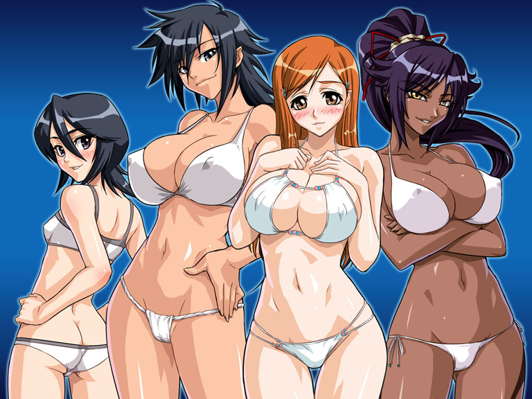 kagami hirotaka, inoue orihime, kuchiki rukia, shiba kuukaku, shihouin yoruichi, bleach, reference work, 00s, 4girls, ass, bikini, black hair, blush, breast suppress, breasts, butt crack, cleavage, contrapposto, covered erect nipples, crossed arms, dark-skinned female, dark skin, huge breasts, large breasts, long hair, micro bikini, multiple girls, orange hair, ponytail, purple hair, side-tie bikini bottom, standing, swimsuit, thigh gap, thighs, white bikini
