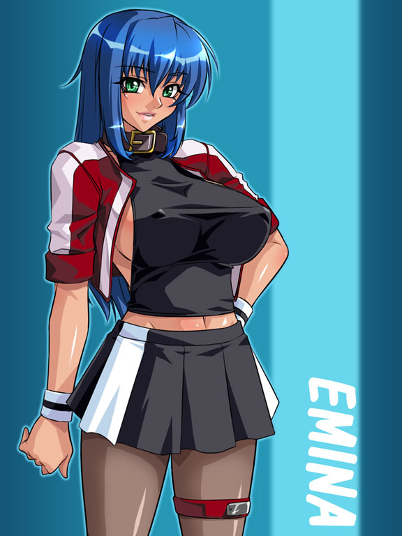 kagami hirotaka, emina (emina&aki), emina&aki, original, 1girl, blue hair, breasts, collar, covered erect nipples, female focus, green eyes, huge breasts, jacket, long hair, pantyhose, skirt, solo, tank top, thigh strap, wristband