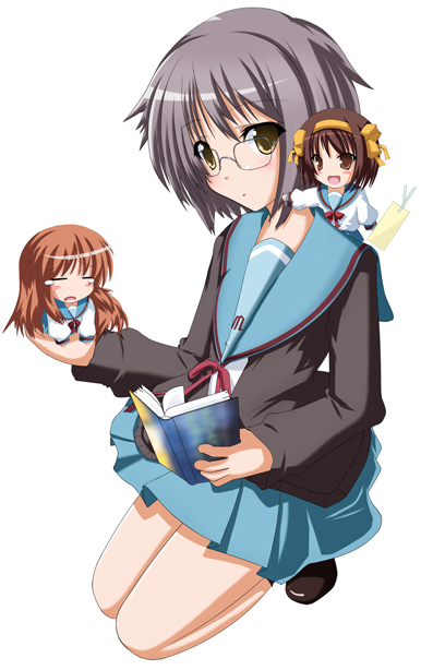 asahina mikuru, nagato yuki, suzumiya haruhi, suzumiya haruhi no yuuutsu, 00s, chibi, glasses, school uniform, serafuku
